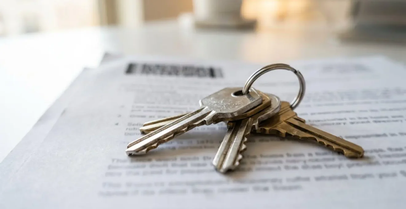 Gros plan sur des clés de maison posées sur des documents administratifs de crédit immobilier, avec mise au point sélective