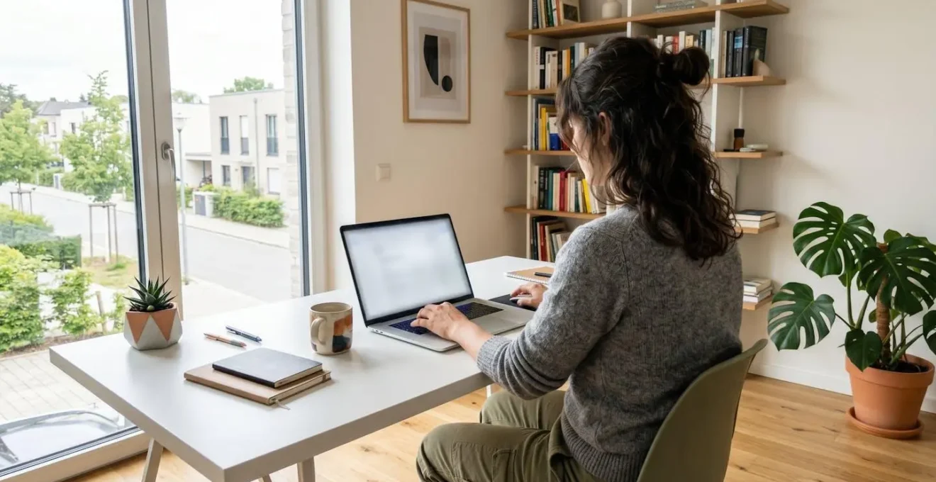 Personne vue de dos travaillant sur un ordinateur portable dans un bureau moderne lumineux avec lumière naturelle