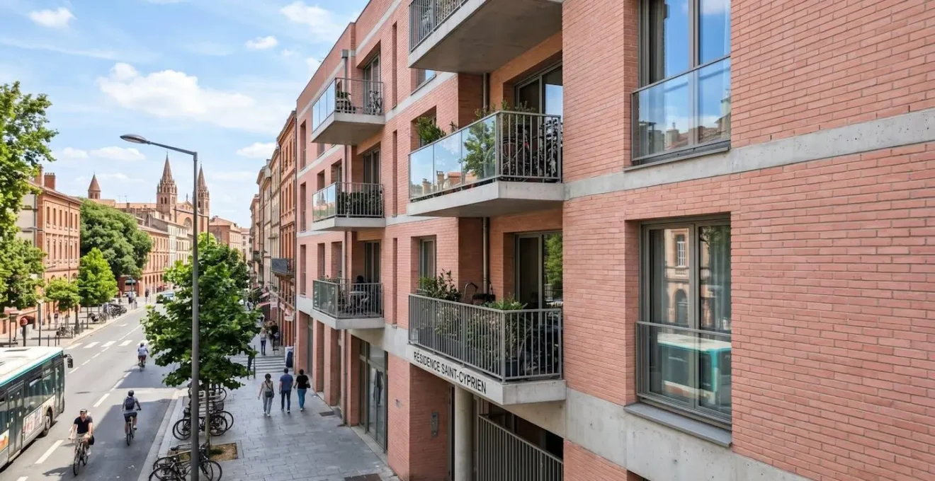 Façade d'un immeuble résidentiel moderne en brique rose dans le quartier Saint-Cyprien à Toulouse