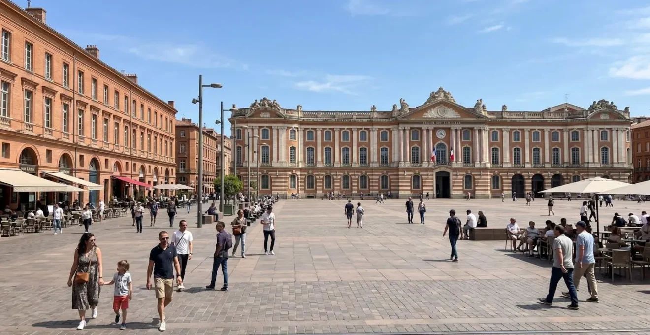 Vue de la Place du Capitole à Toulouse avec ses façades en brique rose typiques sous un ciel lumineux